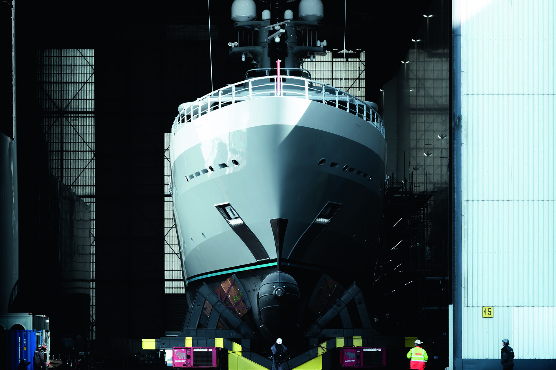 Front view of a boat in a shipyard